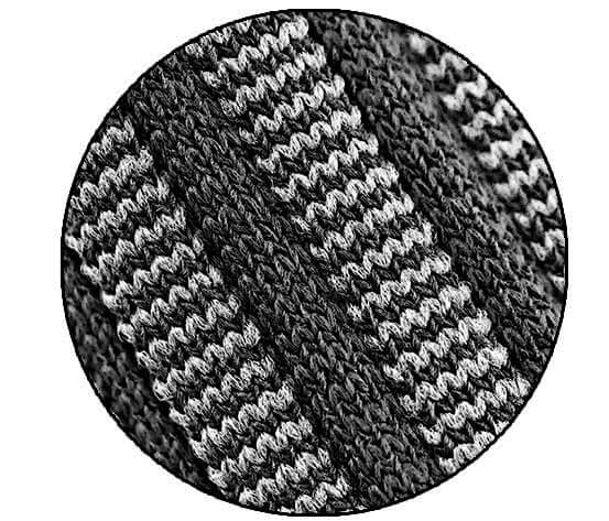 Close-up of black and gray textured knit fabric with ribbed compression pattern.