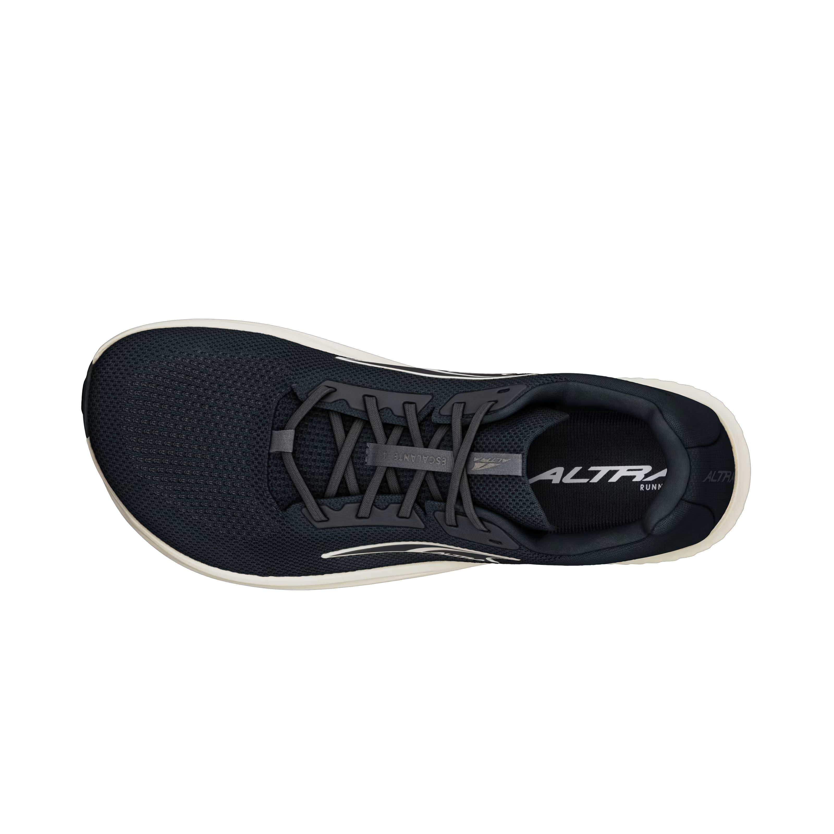 Black and white Altra Escalante 4 men's running shoe with breathable mesh upper and cushioned sole viewed from above.