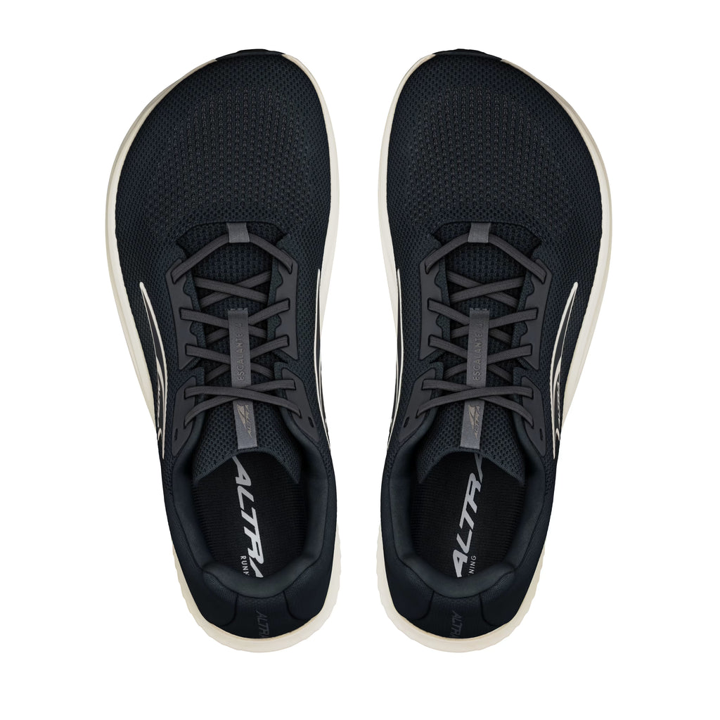 Black and white Altra men's athletic shoes with mesh upper and cushioned soles, top view.