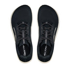 Black and white Altra men's athletic shoes with mesh upper and cushioned soles, top view.