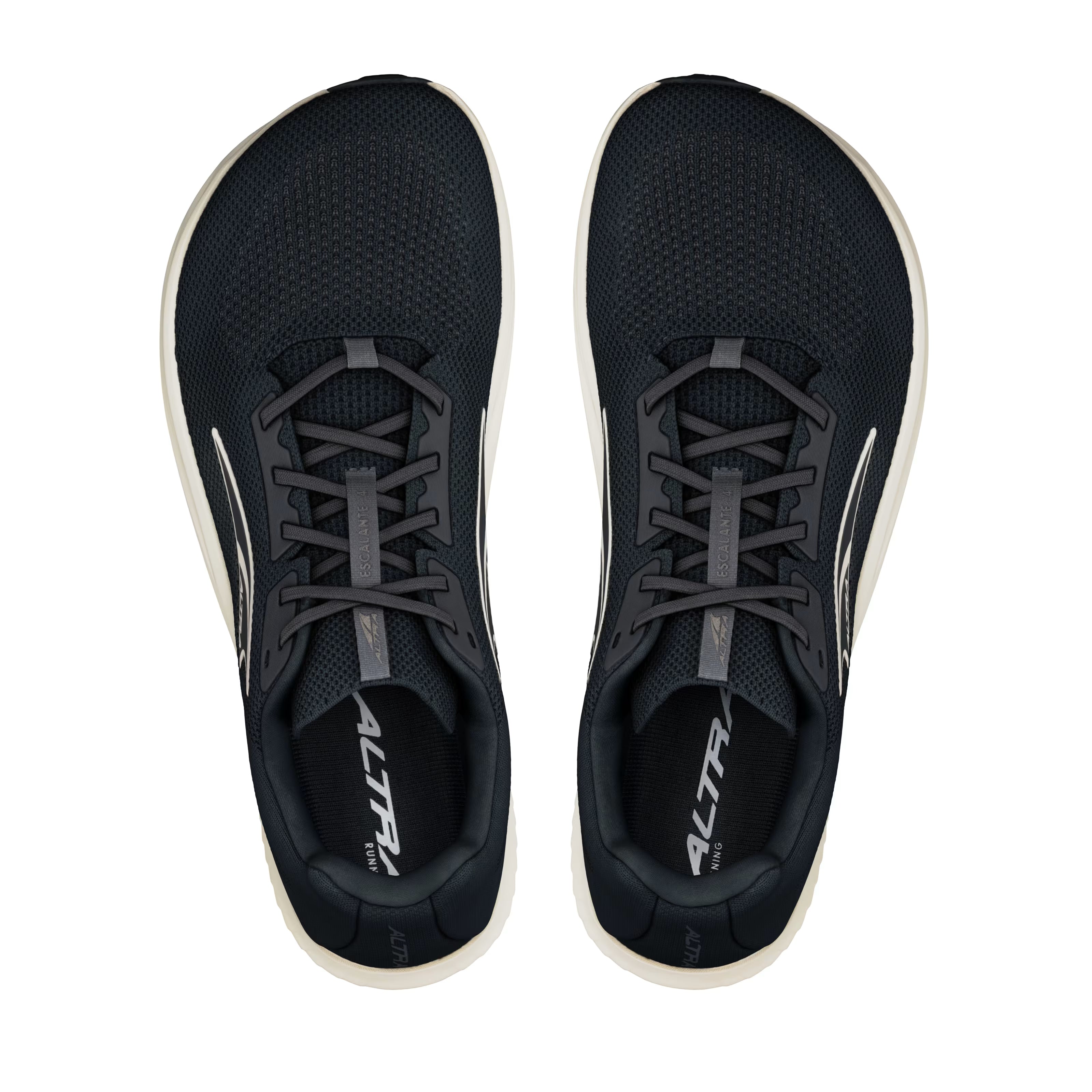 Black and white Altra men's athletic shoes with mesh upper and cushioned soles, top view.