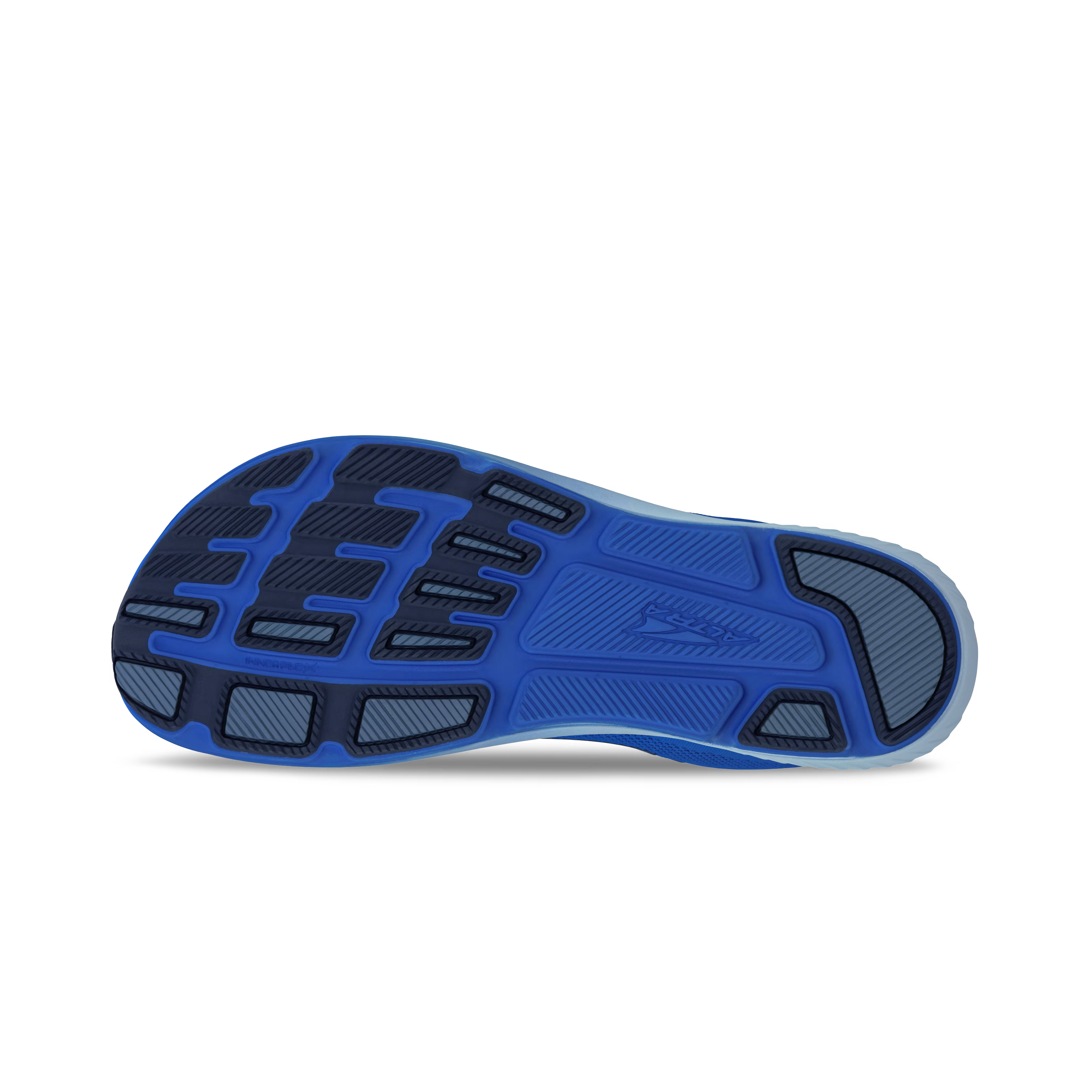 Blue and black rubber outsole with intricate tread pattern and Altra logo detail.