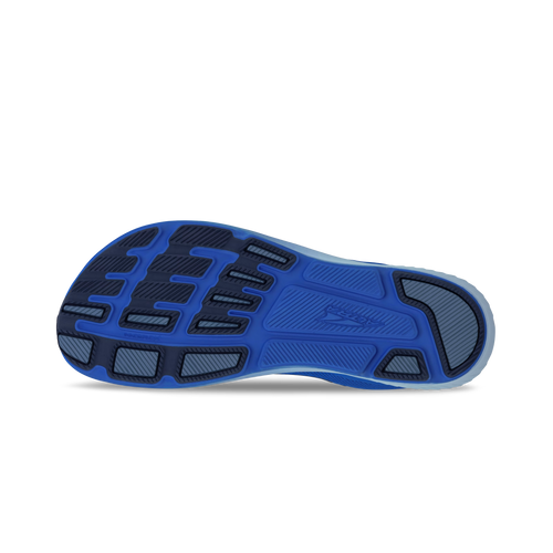 Blue and black rubber outsole with intricate tread pattern and Altra logo detail.