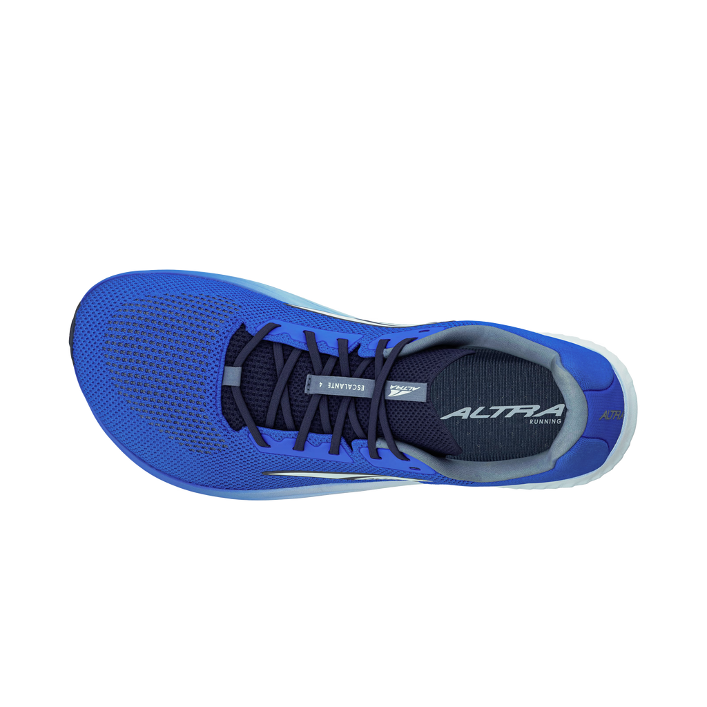 Blue men's running shoe with black laces and gradient fade sole by Altra.