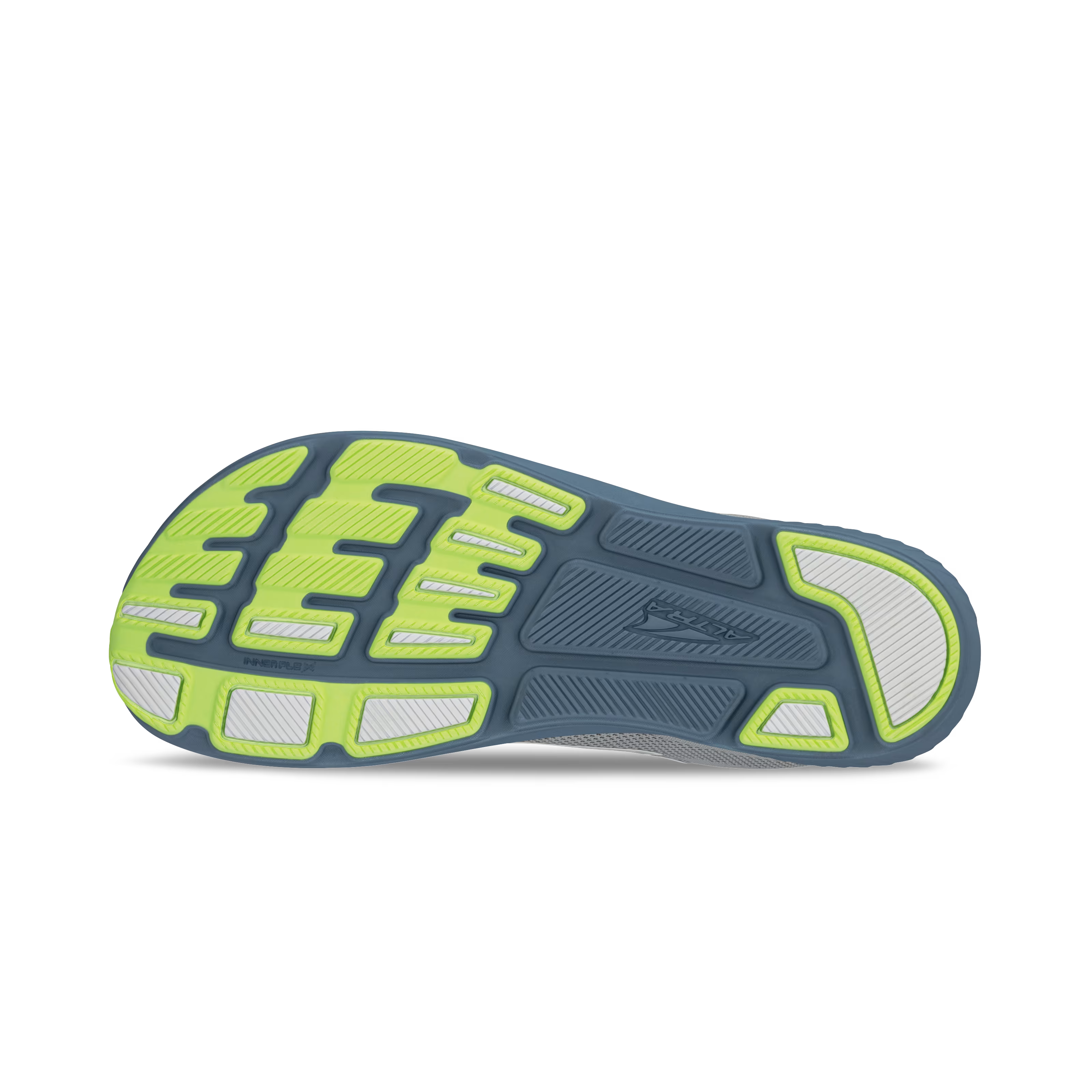 Gray and lime running shoe sole with textured tread and flex grooves.