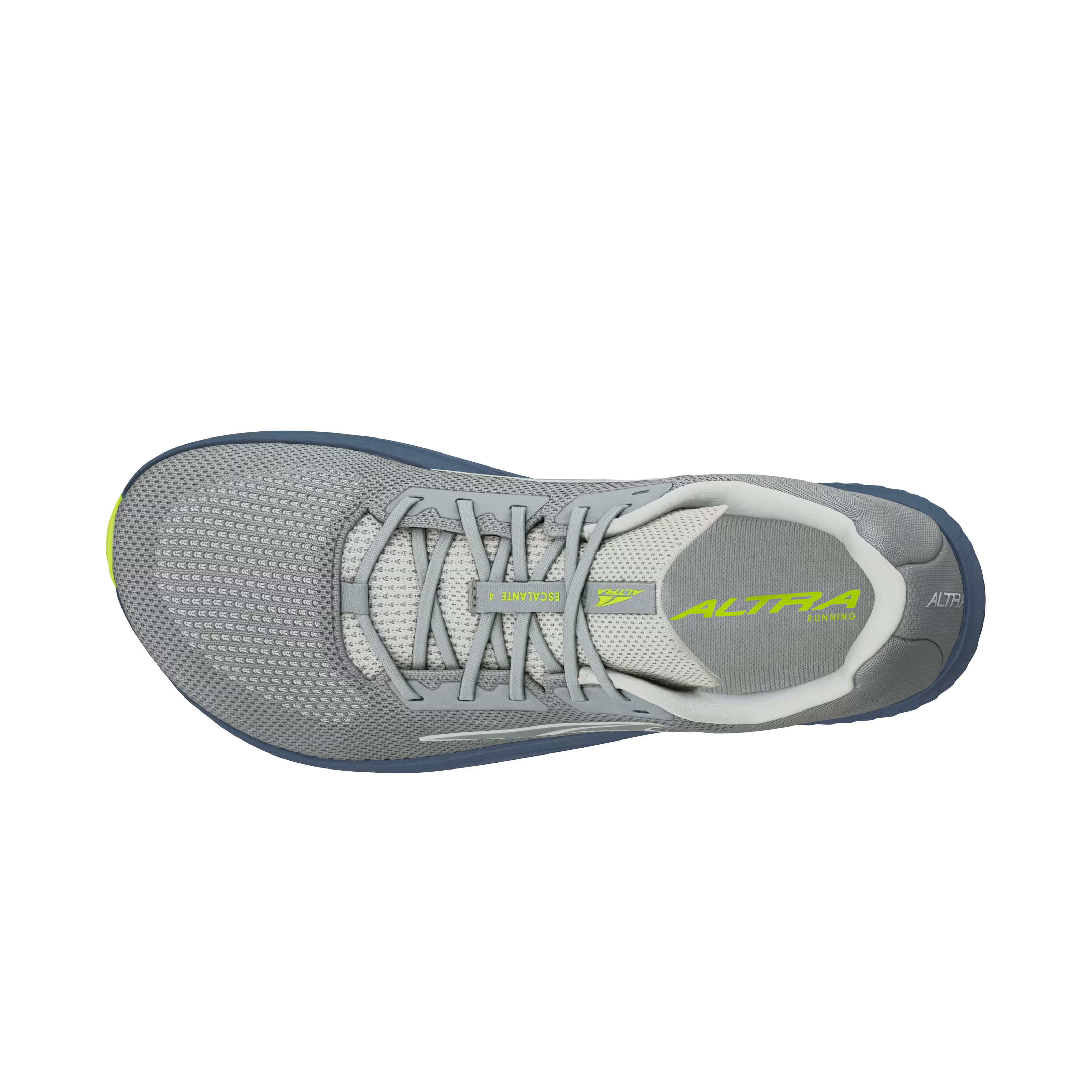 Gray and lime Altra men's Escalante 4 running shoe with mesh upper and cushioned sole, top view.