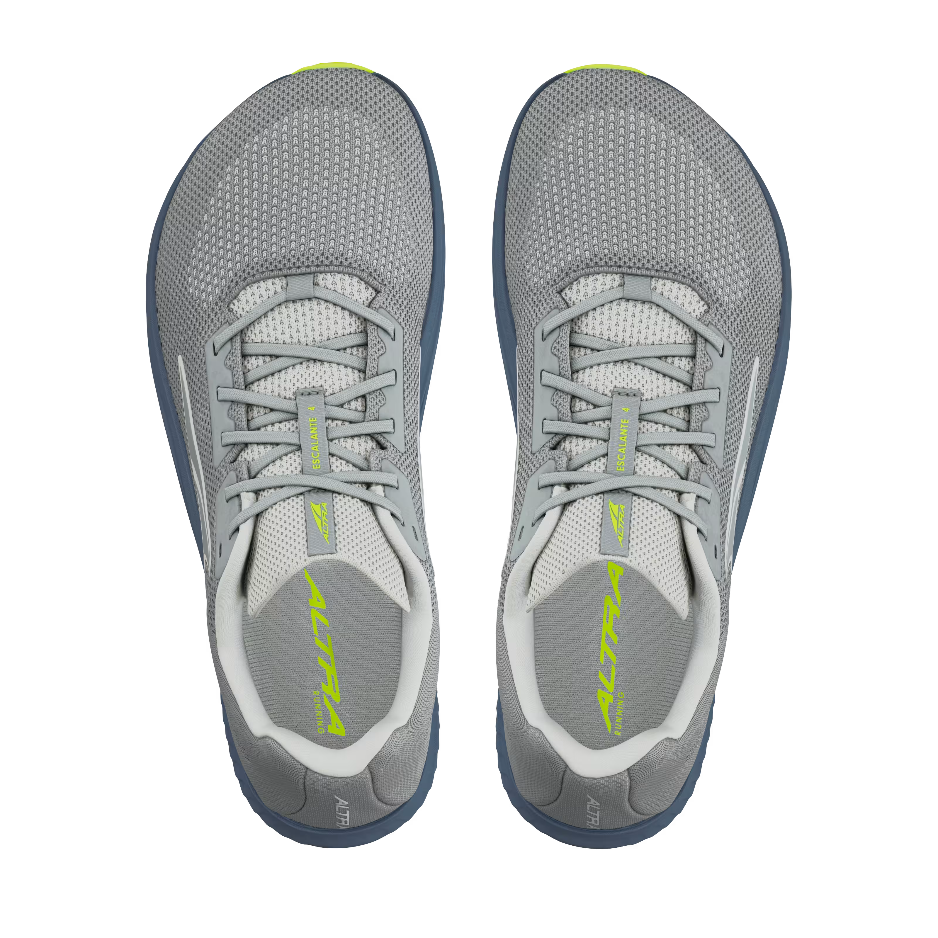 Gray and lime Altra Escalante 4 men's running shoes with mesh upper and cushioned sole, top view.