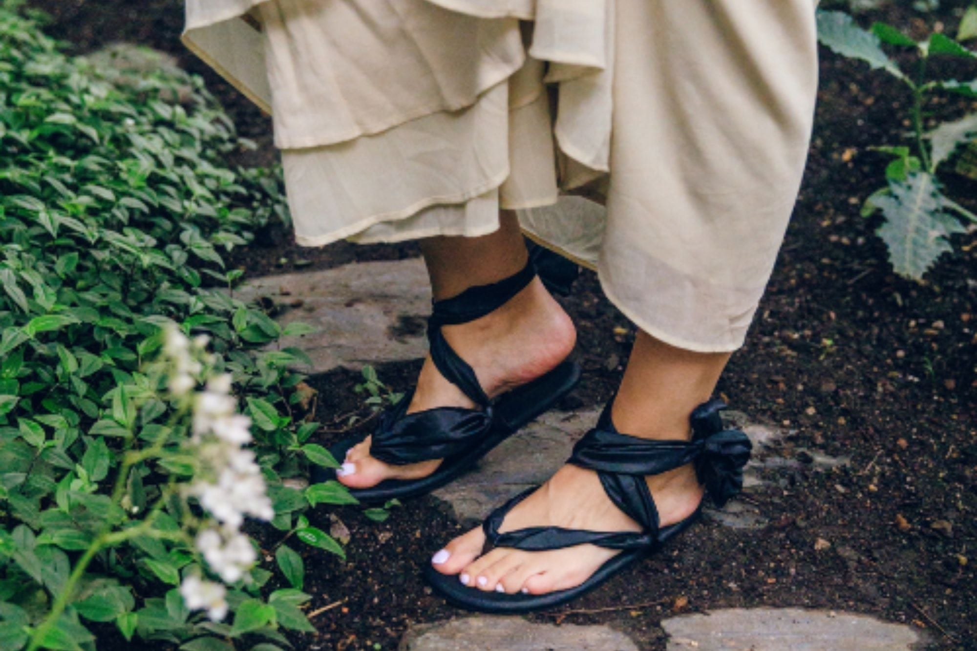 Barefoot Ribbon Ankle-Tie Sandals - black