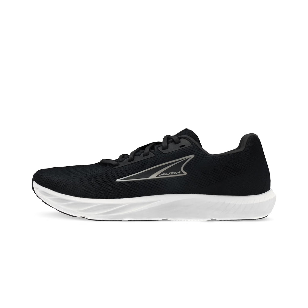 Black Altra Escalante 4 running shoe with silver logo and white cushioned sole.
