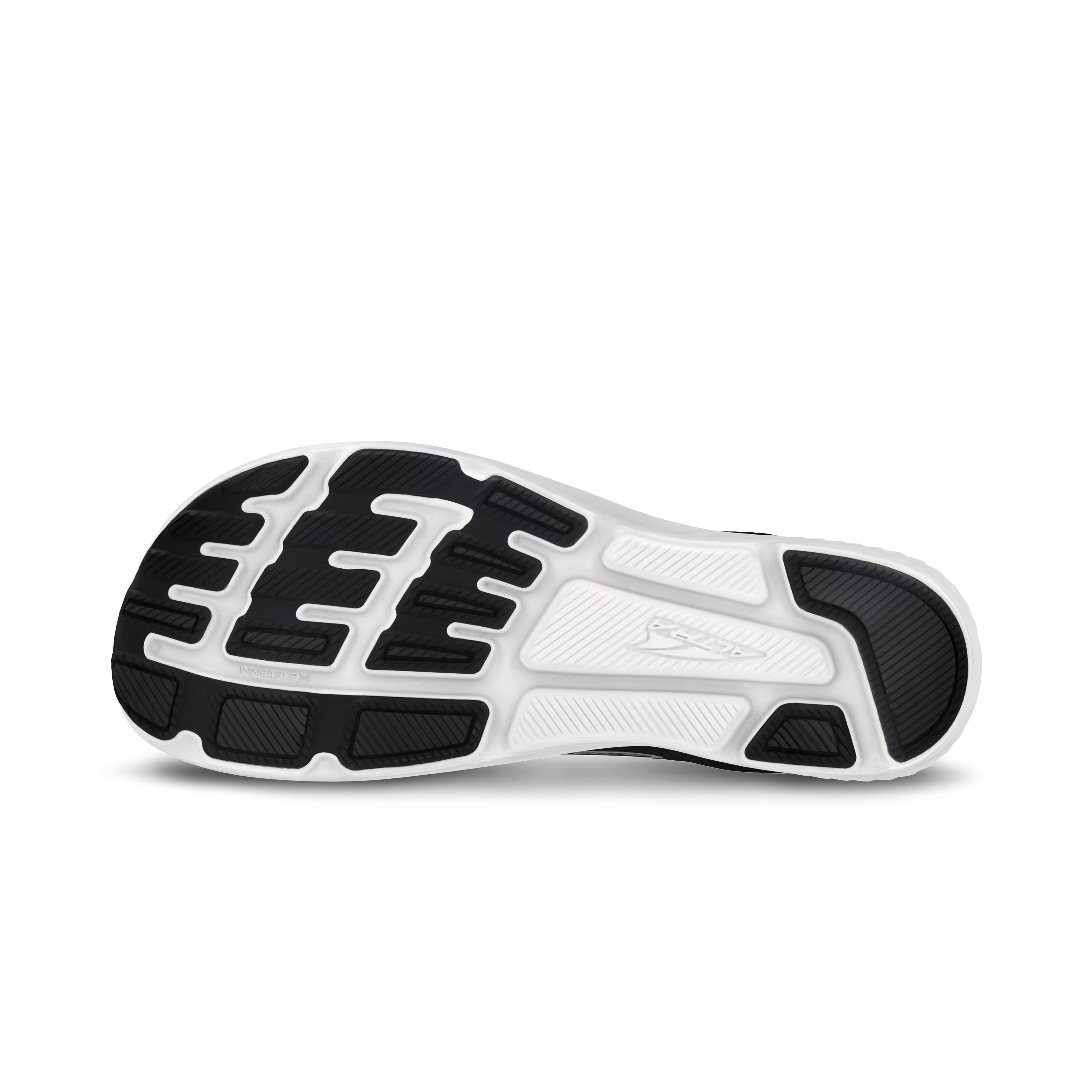 Black and white athletic shoe sole with textured treads and embossed Altra logo.