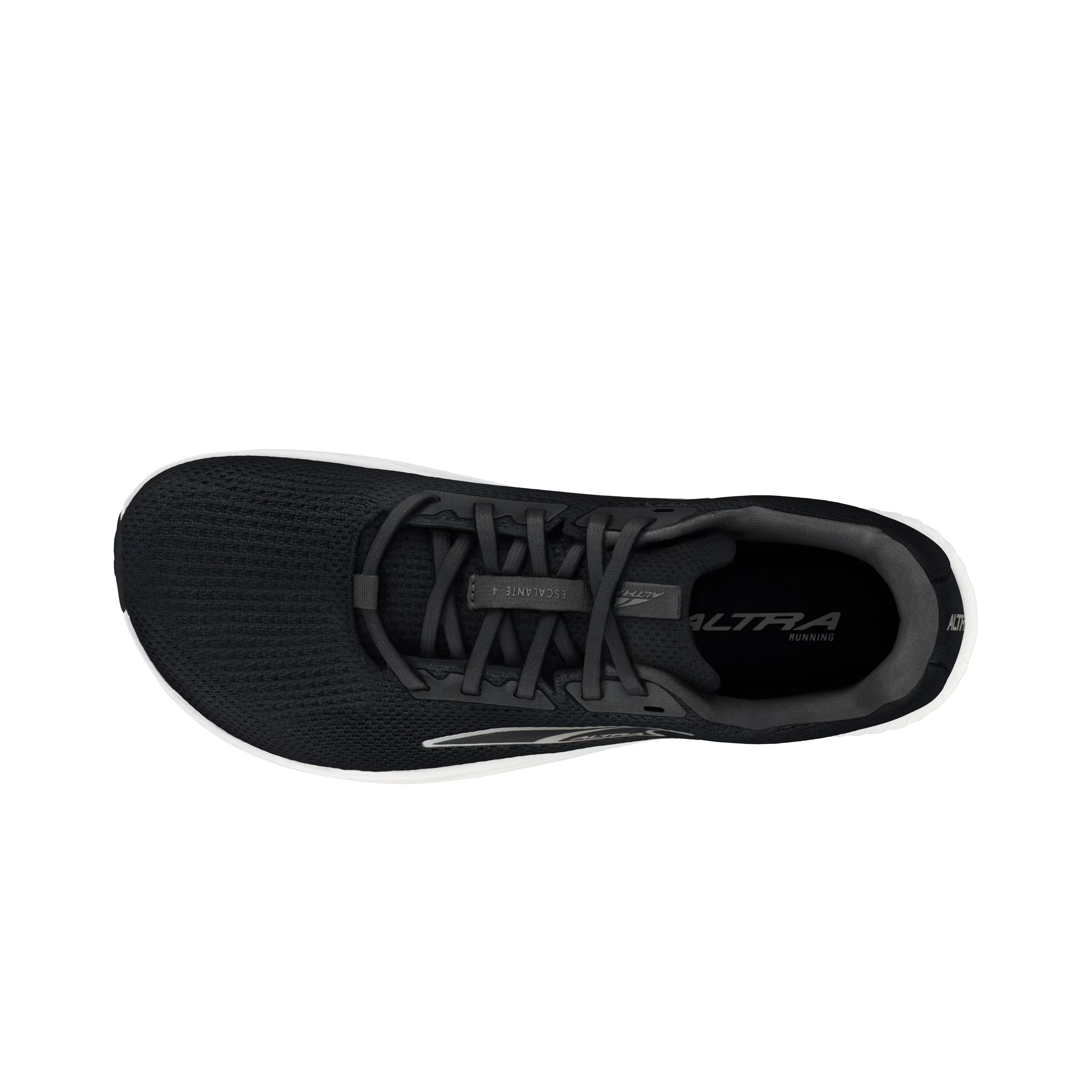Black Altra Women's Escalante 4 athletic shoe with sleek mesh upper and white sole viewed from above.