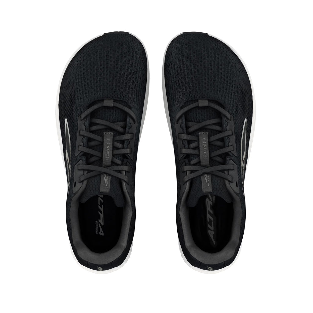 Black Altra Escalante 4 running shoes with textured knit upper and black laces, top view.