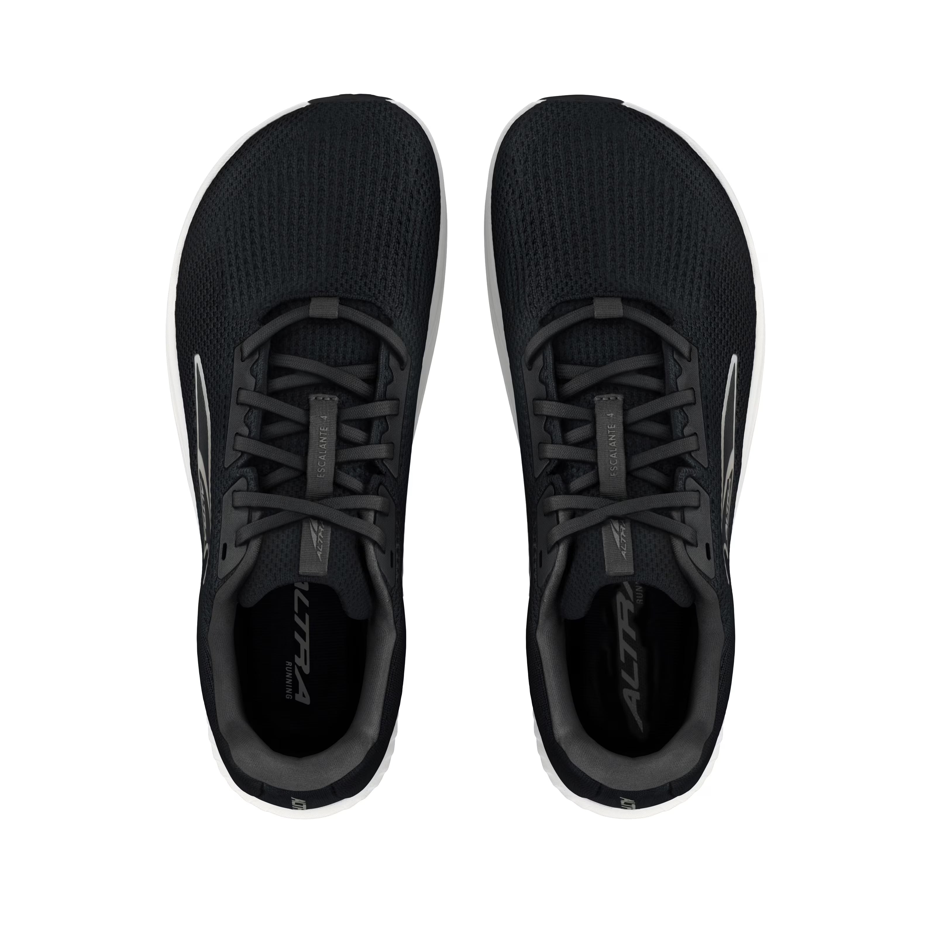 Black Altra Escalante 4 running shoes with textured knit upper and black laces, top view.