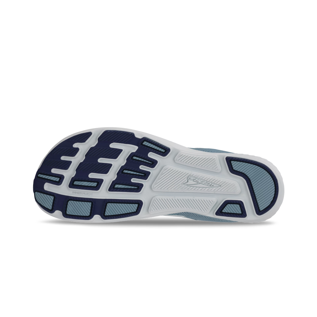 Dark blue and white athletic shoe sole with textured tread pattern and Altra logo.