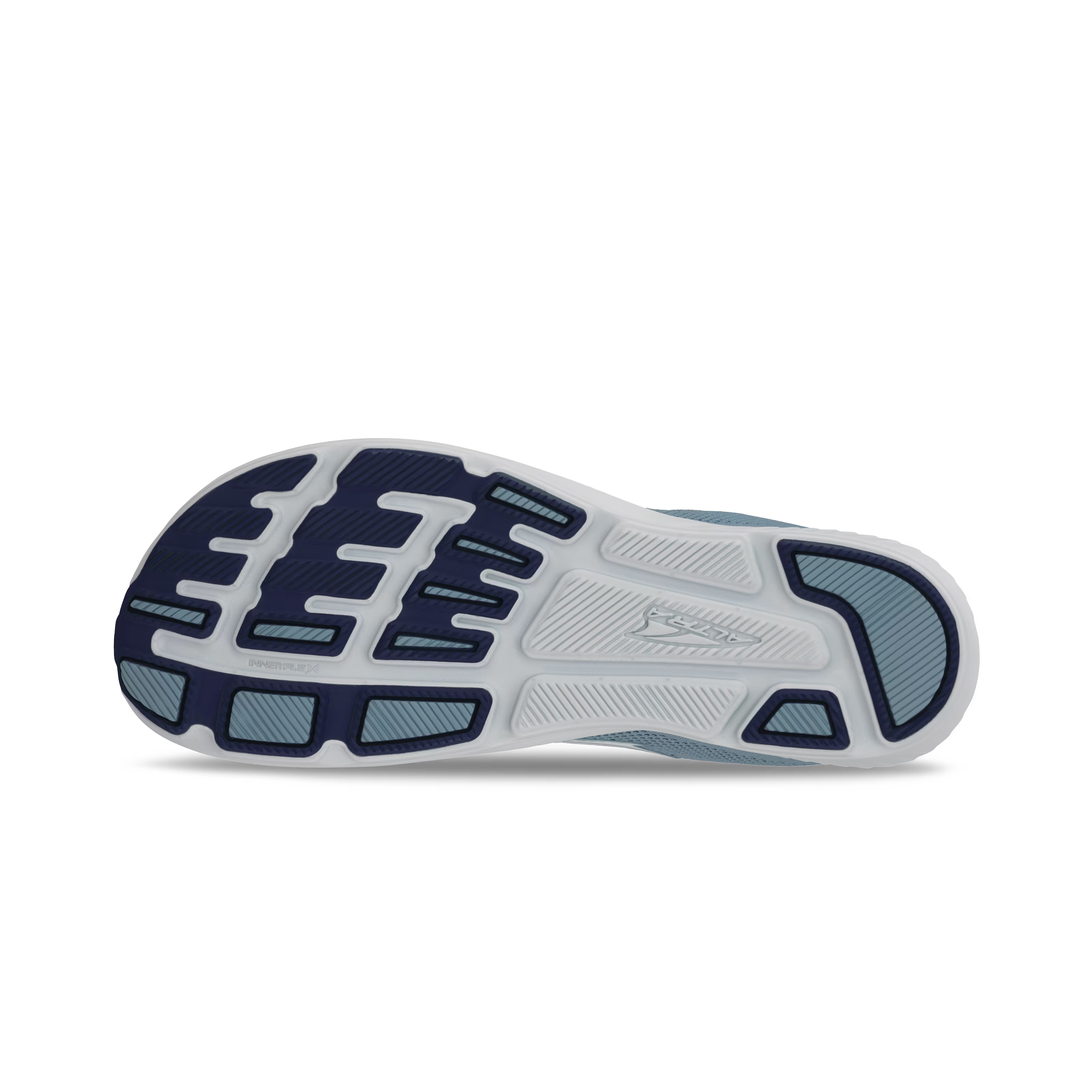 Dark blue and white athletic shoe sole with textured tread pattern and Altra logo.