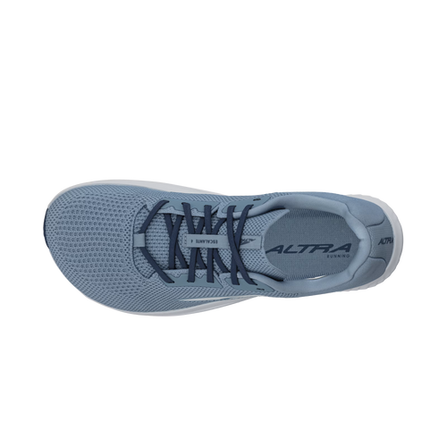 Dark blue breathable mesh running shoe with black laces and cushioned sole.
