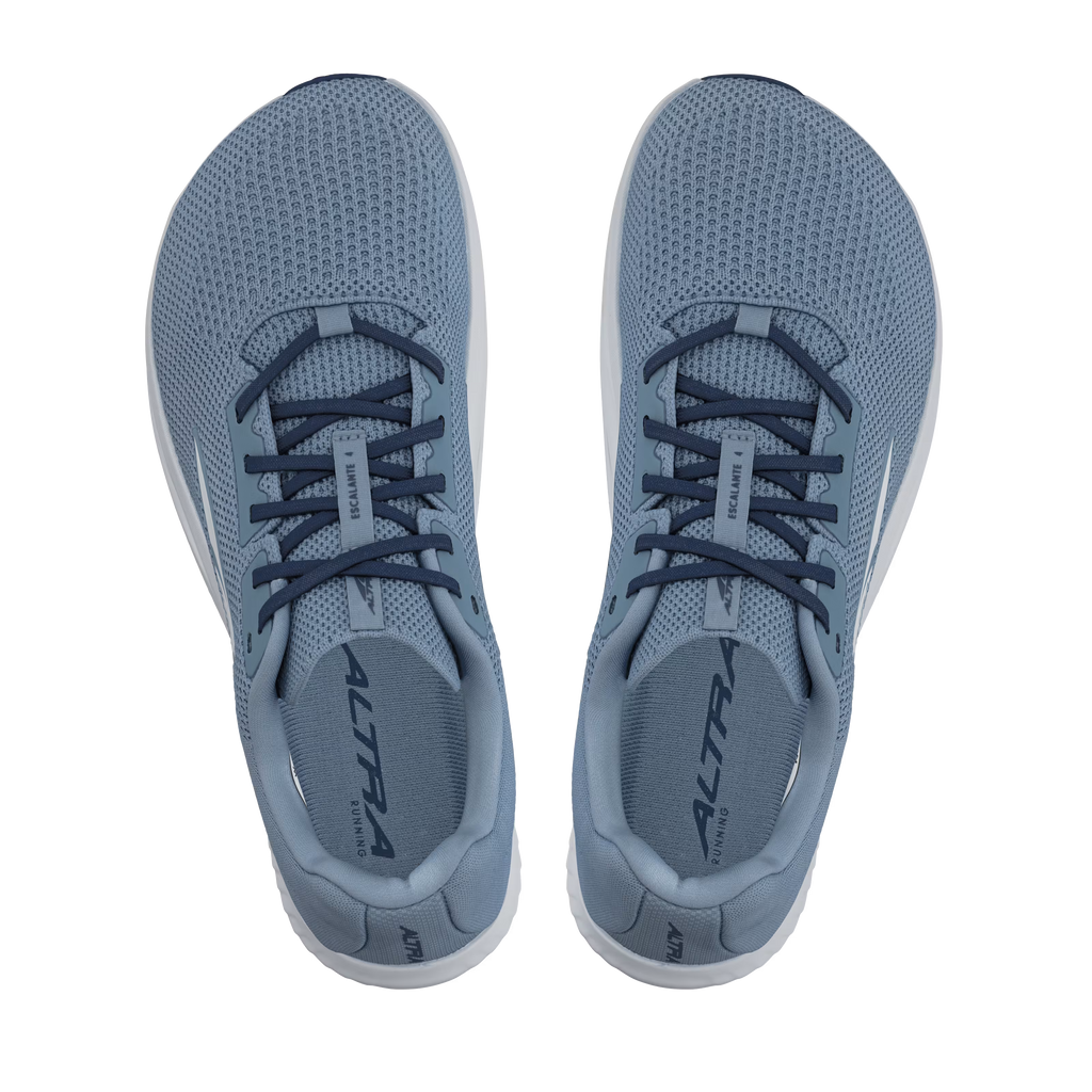 Dark blue mesh running shoes with black laces and white soles, Altra logo on insoles.