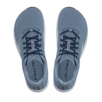 Dark blue mesh running shoes with black laces and white soles, Altra logo on insoles.