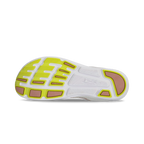 Light gray and white athletic shoe sole with yellow and brown traction accents.