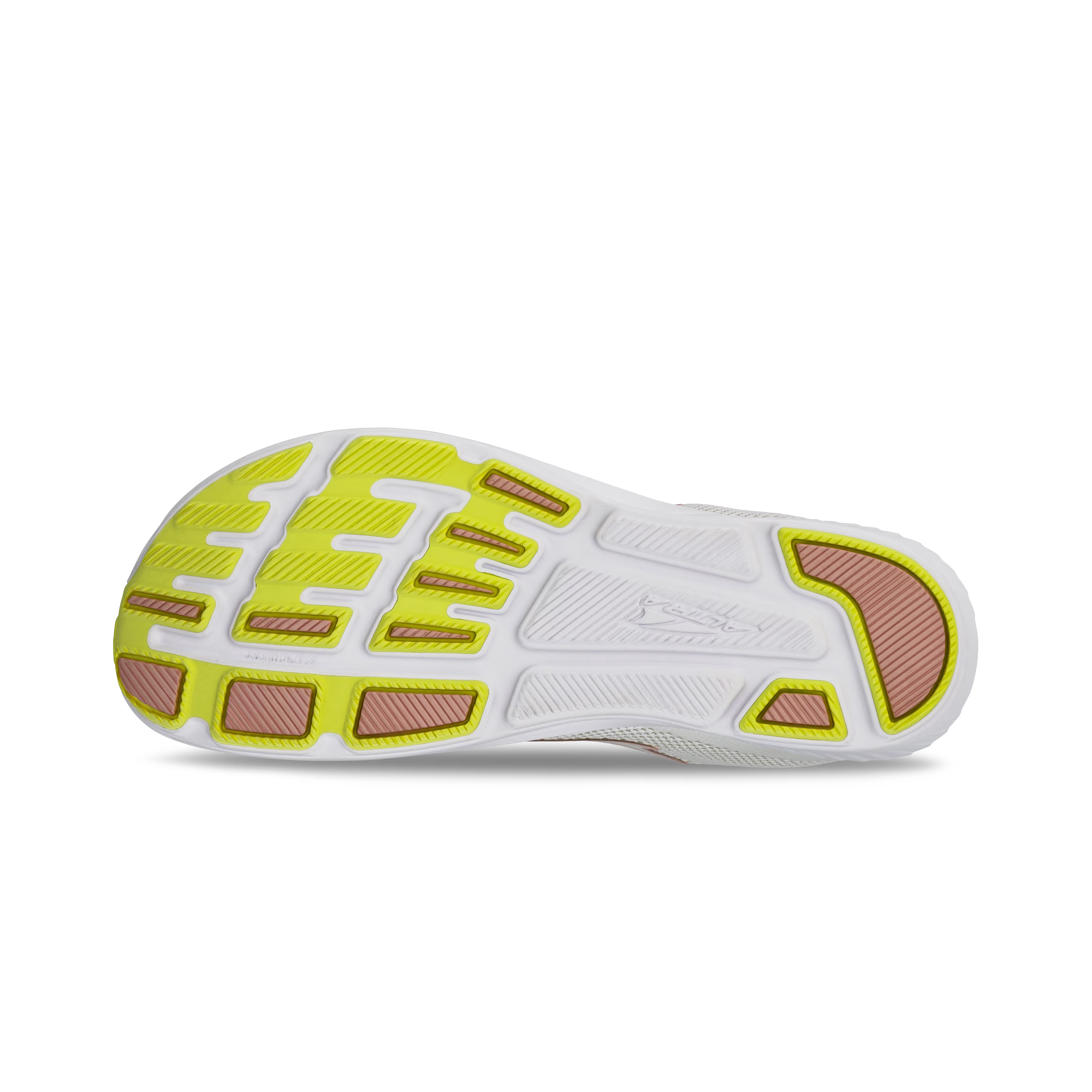 Light gray and white athletic shoe sole with yellow and brown traction accents.