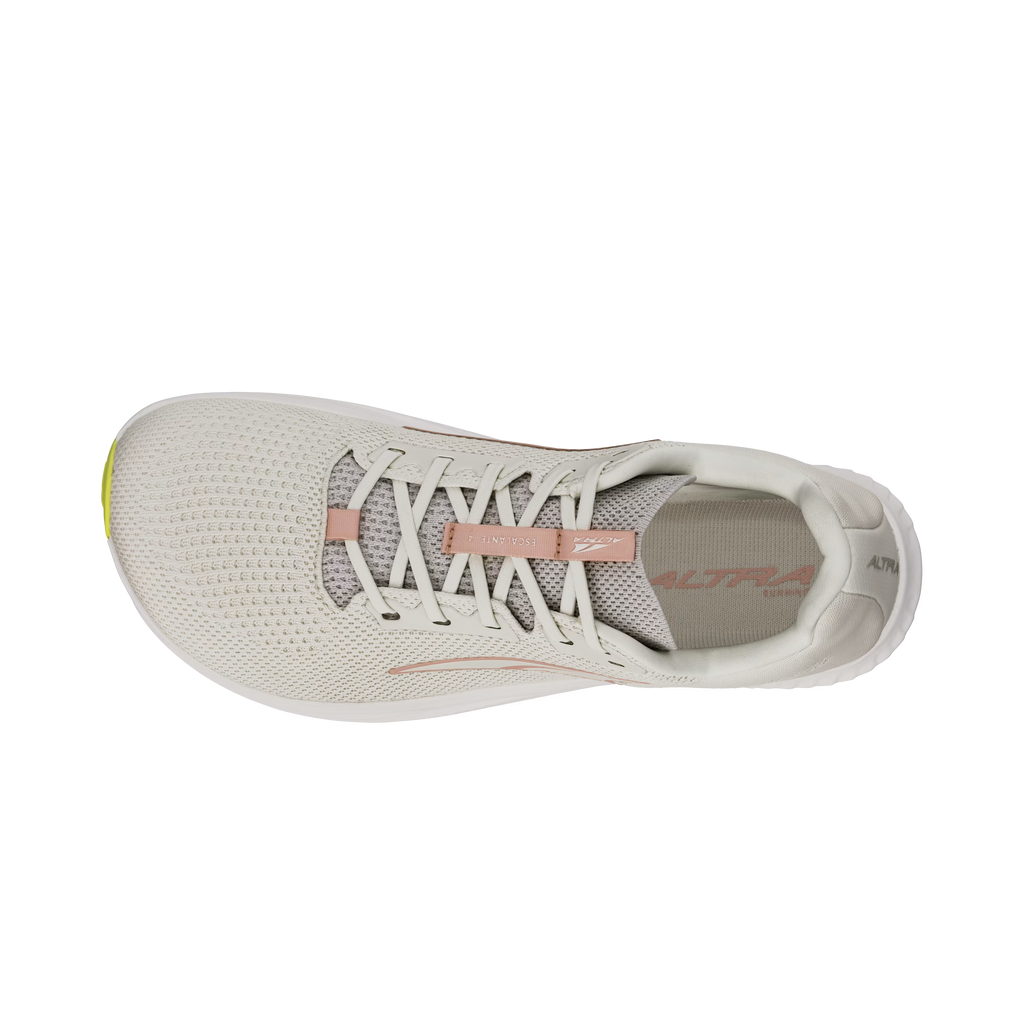Light gray Altra Escalante 4 running shoe with mesh upper and pink lace loops, top view.