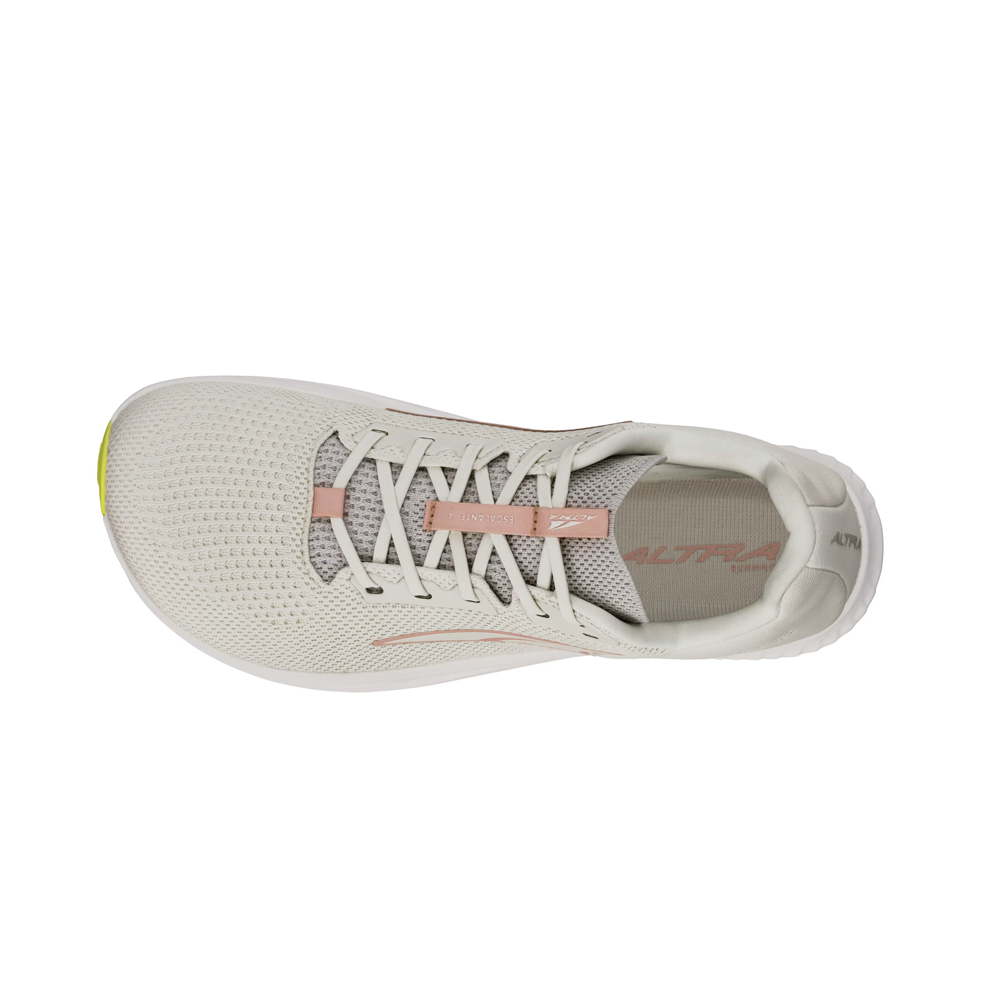 Light gray Altra Escalante 4 running shoe with mesh upper and pink lace loops, top view.