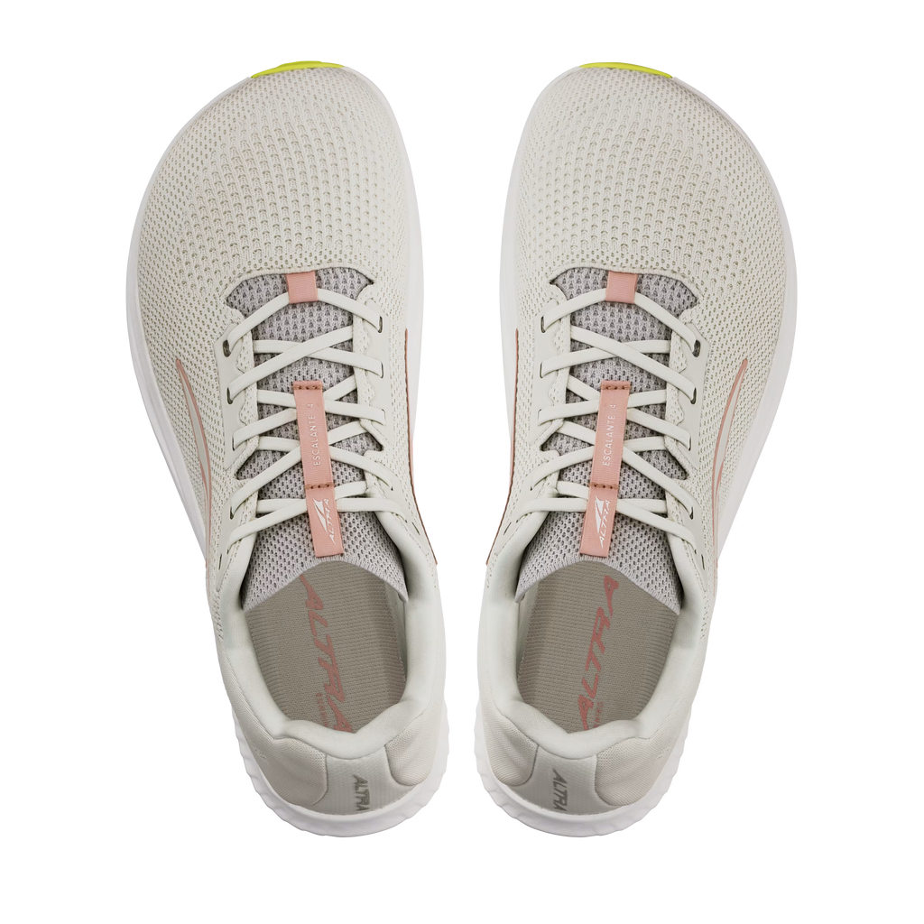Light gray Altra Women's Escalante 4 running shoes with pink tongue tab and breathable mesh upper.